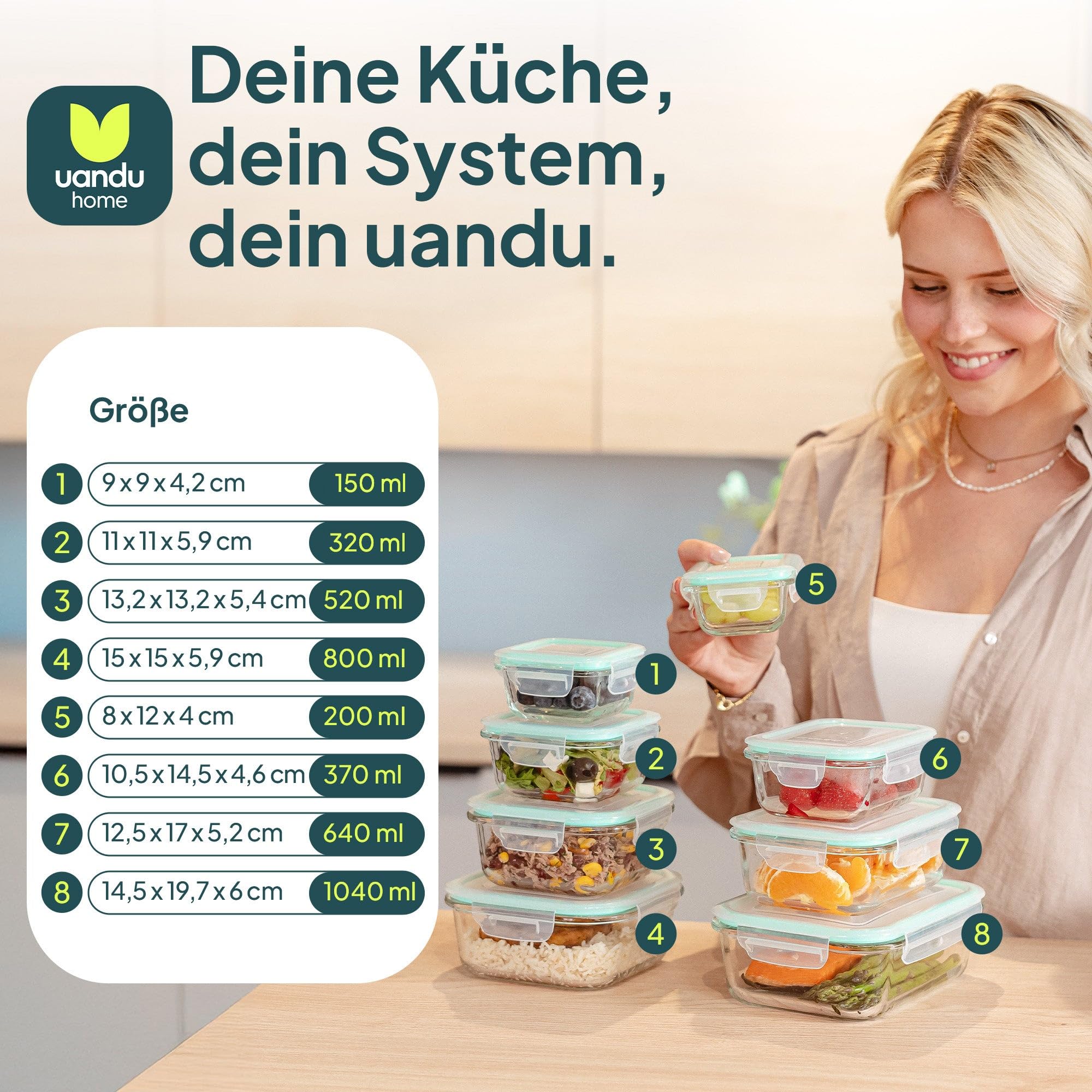 uandu Glasbehälter mit Deckel – Meal Prep Boxen Set 8-teilig – Frischhaltedosen Glas BPA-frei – Spülmaschinen-, Mikrowellen- & Gefrierschrankgeeignet 2