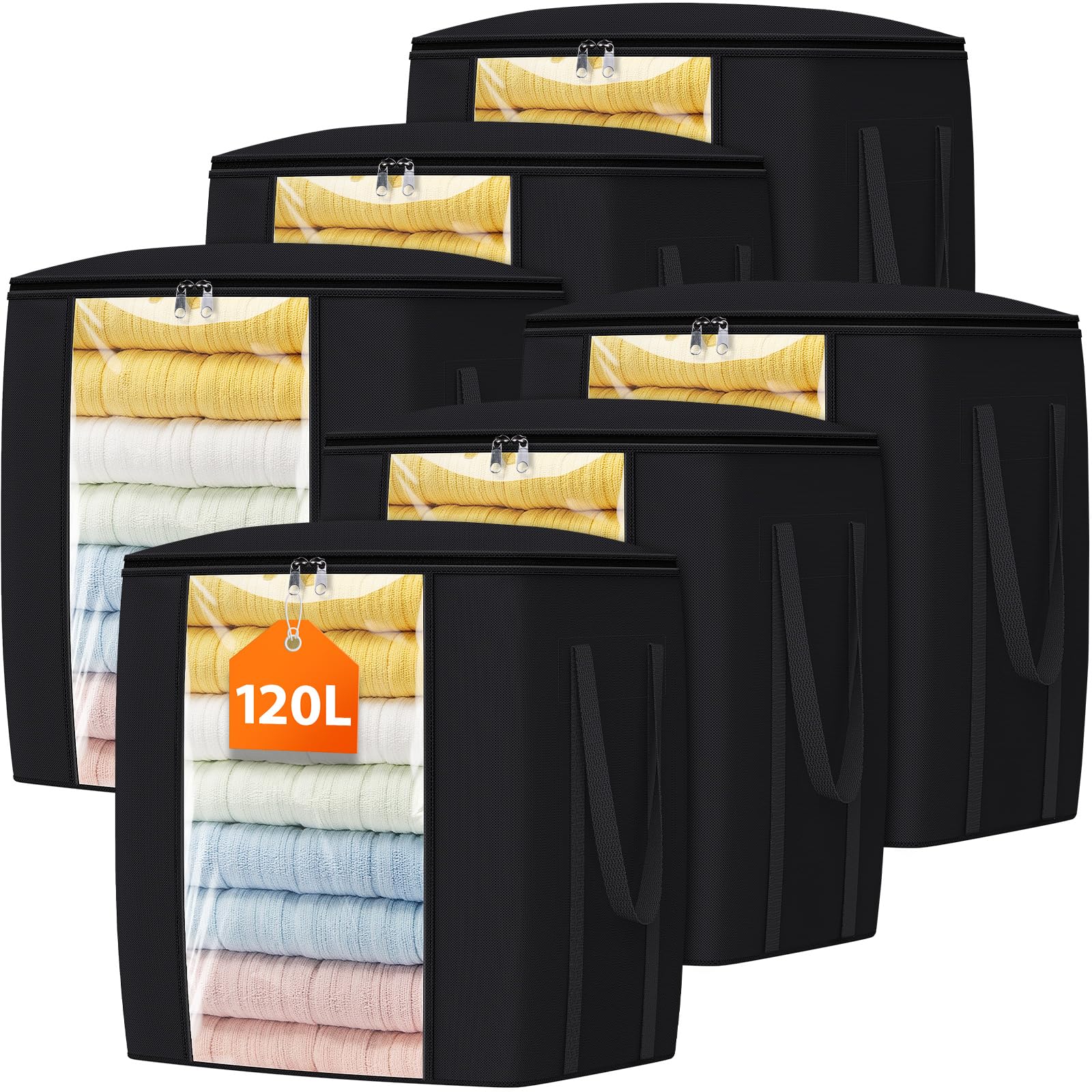 TasticTotes 120L Extra Large Clothes Storage Bags, Foldable Blanket Storage and Organization, Thick Fabric Containers with Reinforced Handles & Zippers for Clothing, Comforters, Bedding, Black, 6 Pack