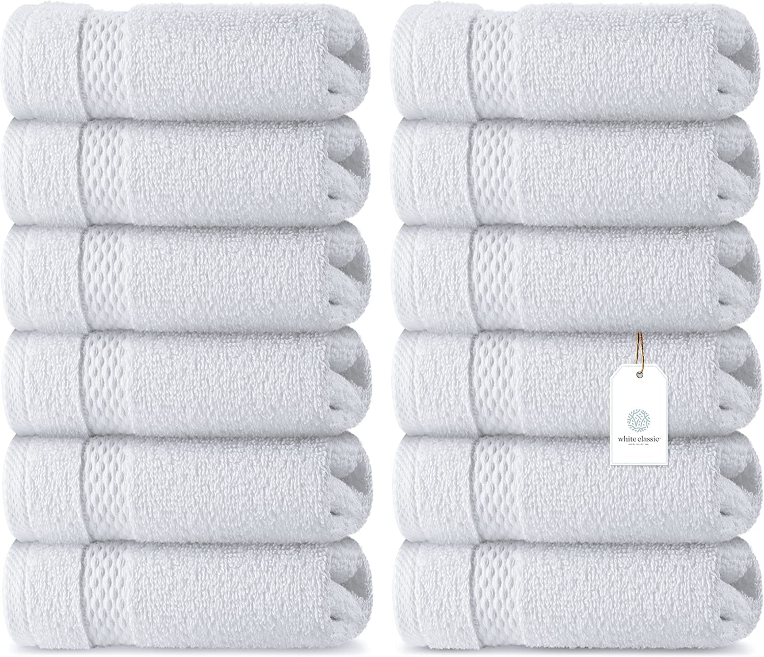 White Classic Luxury Cotton 12 Pc Flannel Set, Hotel Style Small Bath Towel Face Cloth 33x33 cm, Soft Plush White Flannels Pack of 12, Thick High Absorbent Wash Clothes, Face Towels, 12 Pack, White
