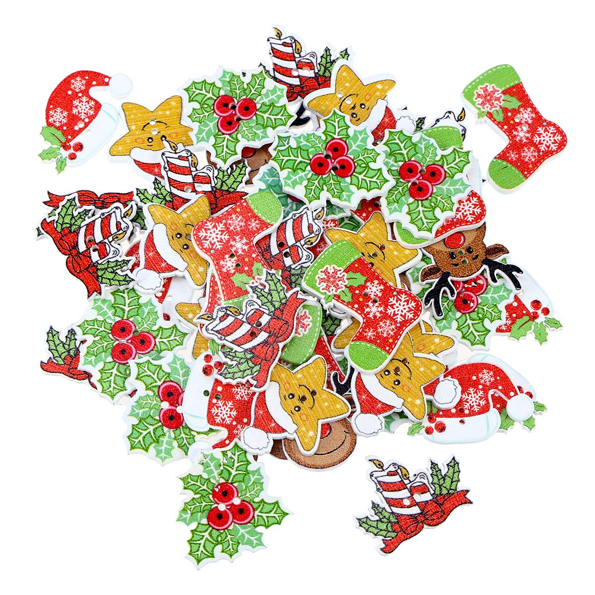 EXCEART 50PCS Christmas Wooden Buttons Mixed Pattern Sewing Button Bulk with 2 Holes Button for Xmas DIY Craft (Mixed Pattern)