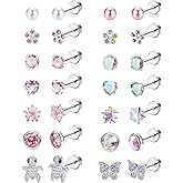 LOYALLOOK 14Pairs Hypoallergenic Screwback Earrings for Women Girls Tiny CZ Pearl Ball Heart Flower Screw Back Earring Studs 316L Stainless Steel Stud Earrings Flatback 20G Over 3 Years Old