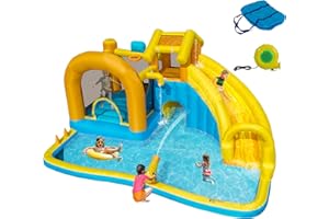 Anbuy Inflatable Water Slide for Kids, Water Park Backyard Summer with Large Pool &Long Slides, Inflatable Bounce House with Climbing Wall, A Water Cannon,2 Water Spraying,2 Water Guns,450W Air Blower