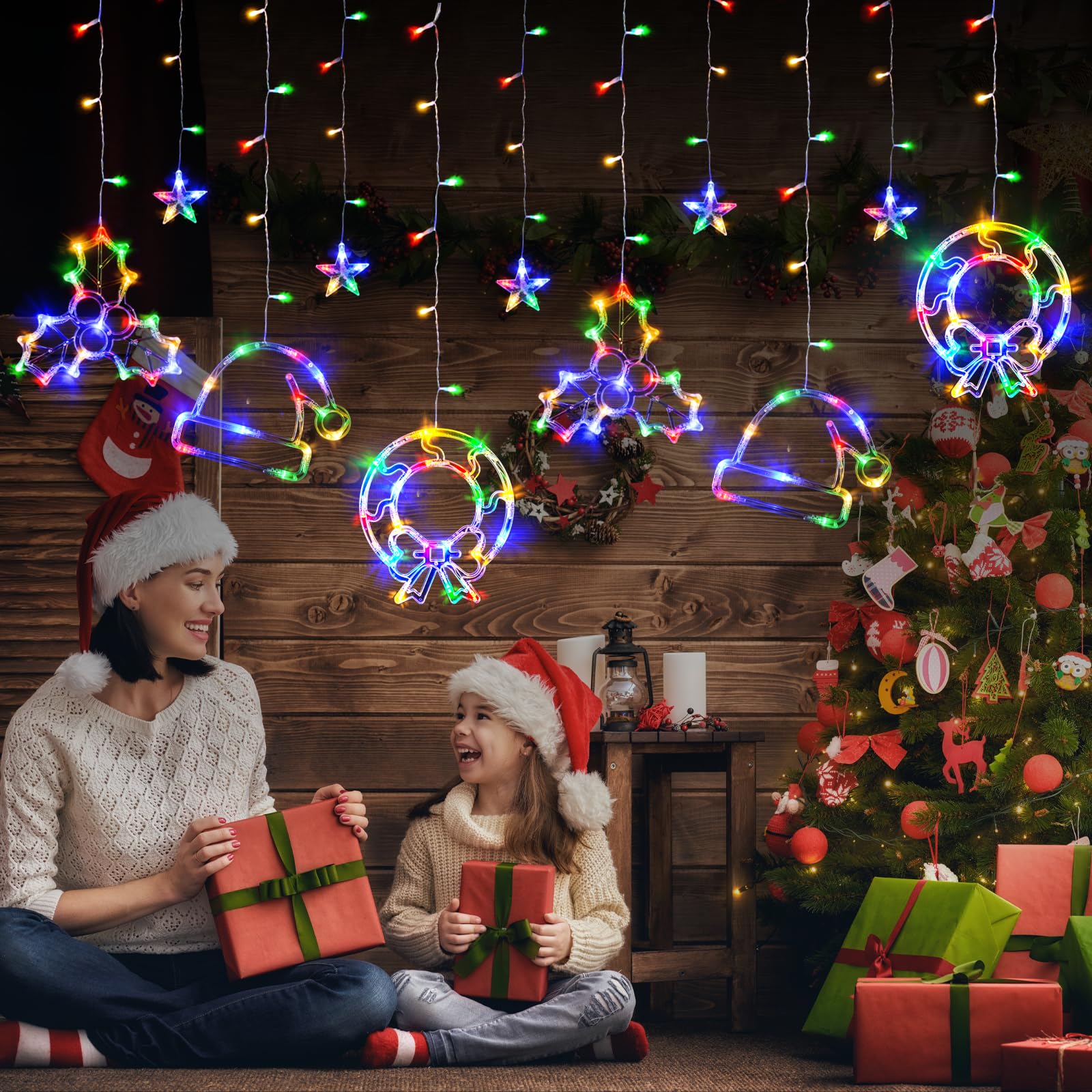 LOLStar Christmas Window Lights, 180 LED Multicolor Hanging Christmas Party Decorations, Hat Wreath and Holly Berry, Indoor String Lights Connectable 8 Flashing Modes Curtain Lights for New Year