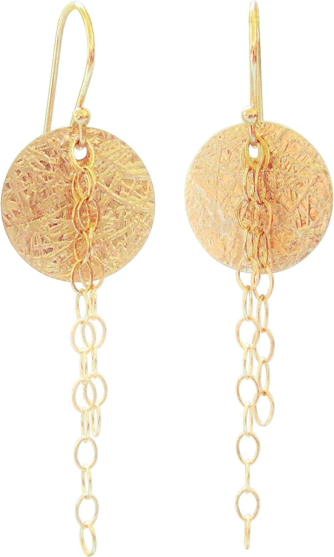 Gold Chain Dangle Earrings With Texture Disc Light Weight Drop, 14K Gold Filled