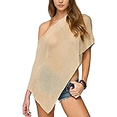 SeeLuNa Women Cover Up One Shoulder Knit Asymmetric Shrug Pullover Sweater Trendy Beach Vacation Sheer Poncho Mesh Blouse