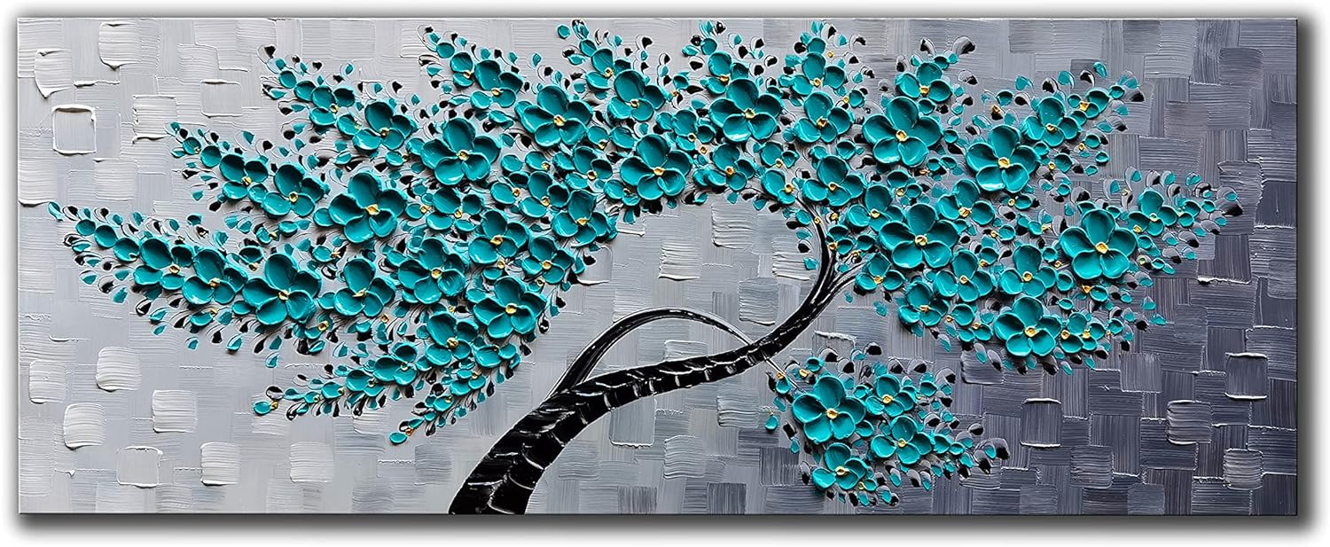 Paintings - JELRINR Contemporary Art Oil Painting On Canvas Texture Palette Knife Blue-Green Flower paintings Canvas Wall Art Modern Home living Room Decor 100% Hand painted Ready to Hang 24x60 inch