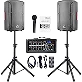 EXOTON S-1202 12inch 2000W Bluetooth PA System with Powered Mixer Set | Passive Speakers with 6 Channel Mixer /Stands /Mic/ Effect Controller/ 48V Phantom Power,for Indoor&amp;Outdoor