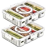 2Pack Divided Veggie Tray with Lid and Handle 4 Compartment Serving Tray with Dividers Portable Travel Snack Storage Containers Stackable Snackle Box Charcuterie Container for Fruit,Vegetable,Salad