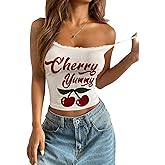 Milumia Women's Y2k Cherry Letter Print Lace Trim Ribbed Crop Cami Top