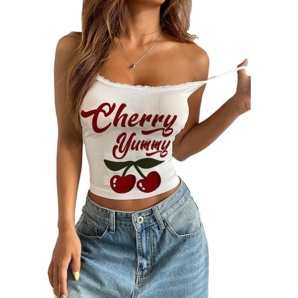 Women's Cherry Bomb Graphic Tank Top, Ribbed Crop Top with Lace