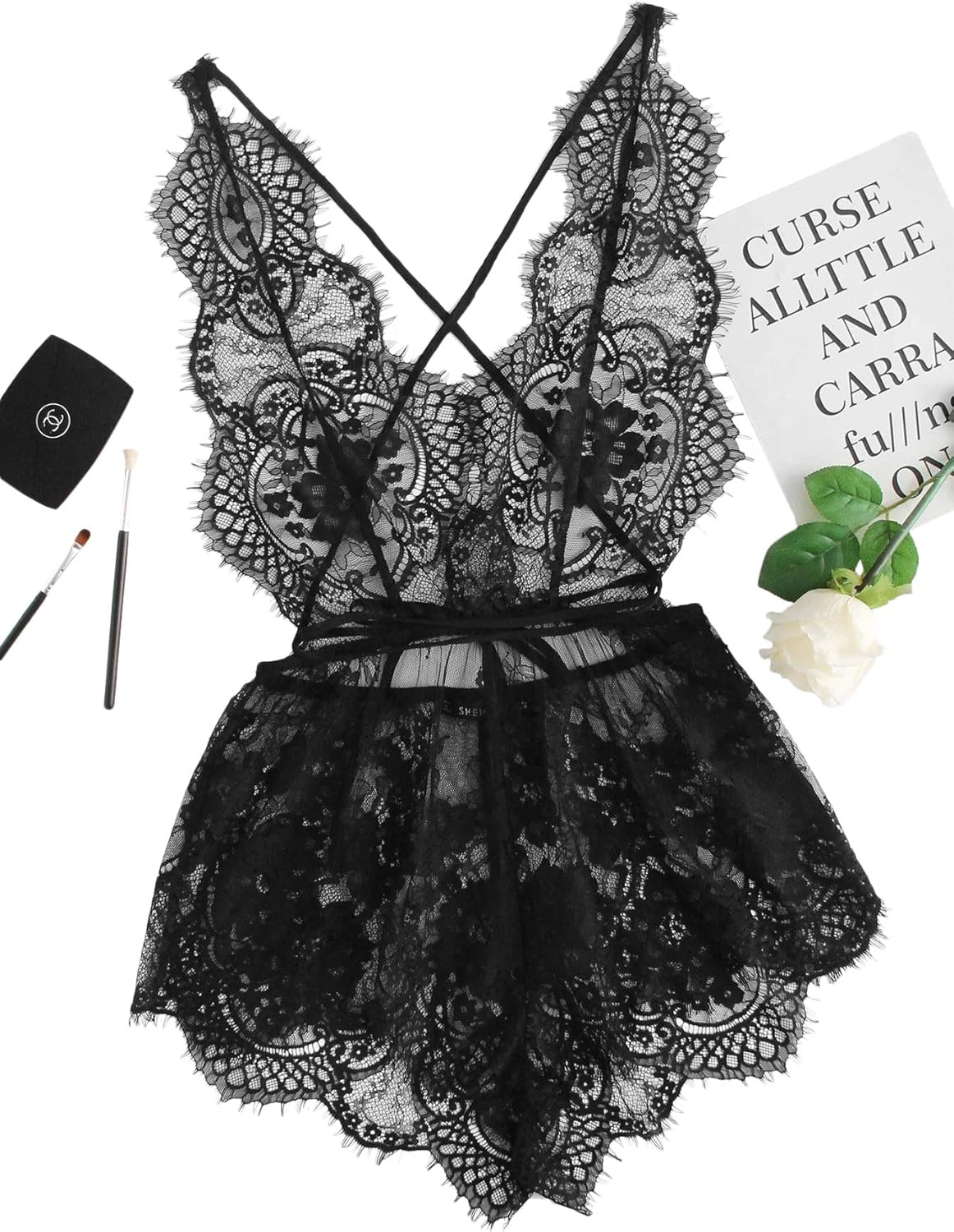 MakeMeChic Women's Lace Teddy Lingerie Deep V Backless Sleeveless Romper Sleepwear at  Women’s Clothing store