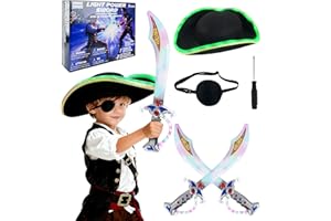 SANCO Pirate Sword for Kids - 19.5" Light Up Swords Set with LED Hat & Eye Mask, Motion Activated Clanging Sounds, Cosplay Accessories for Themed Party, Christmas Birthday Gifts for Boys & Girls
