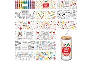 Resurhang 15 Sheets UV Dtf Cup Wrap Transfer Stickers Teacher Appreciation Cup Transfer Decals for 16 oz Glass Water Bottle 9.8 x 4.7 Inch Waterproof Mug Stickers Craft DIY(Teacher)