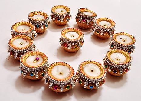 DSR Gifts 12 Piece Matki Diya Candle | Clay & Terracotta Diya for All Kind of Festival Diwali/Navratri | Colourful Hand Painted Puja Pooja Diya | Home Decoration