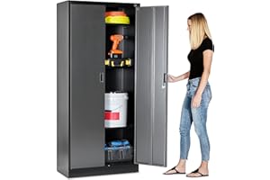 Fedmax Heavy Duty Metal Garage Storage Cabinet - 71-inch Tall Large Steel Utility Locker with Adjustable Shelves & Locking Doors - Garage Cabinets for Tool Storage and Ammo Locker - Black and Silver