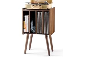 2BHOME Wooden Record Player Stand, Vinyl Record Storage Holder Table with 4 Cabinets, Holds up to 100 LPs, Metal Vinyl Record Organizer Stand, Classical Design for Files/Book (Walnut, 2 Tier)