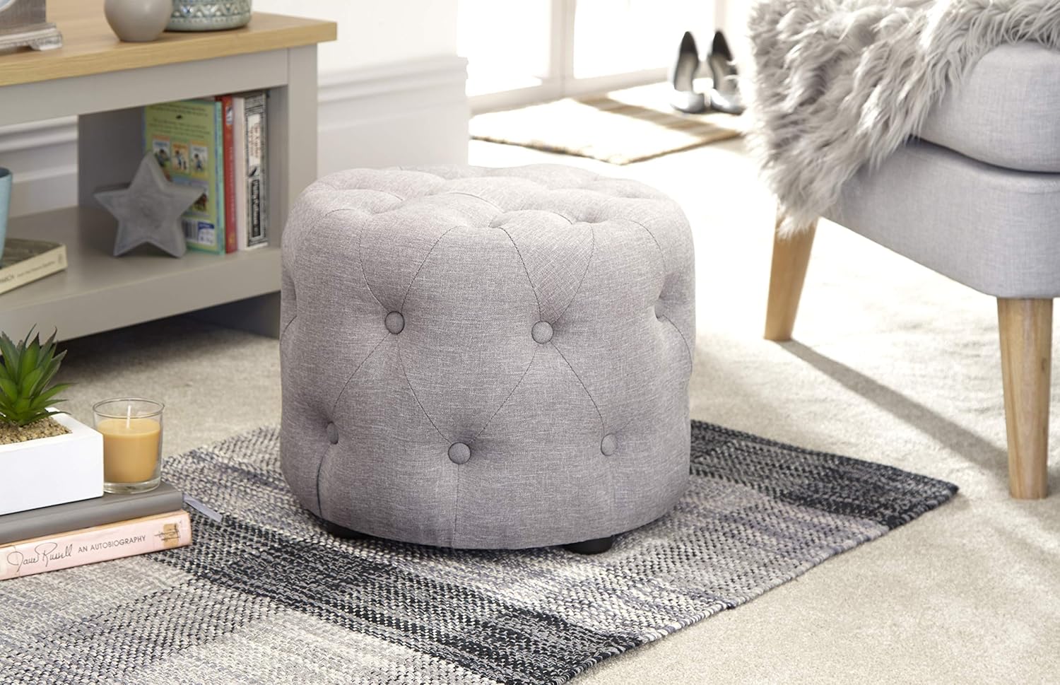 Rotunda Circular Buttoned Fabric Footstool Pouffe Charcoal, Light
