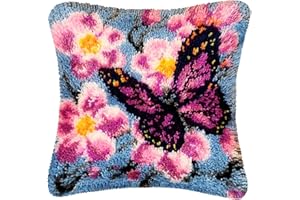 DUPOCHU Latch Hook Kits for Adults, Butterfly in Flowers Crafts Cover Case with Printed，Latch Hook Pillow Kits for Kids DIY Needlework Canvas Crochet Yarn Kit for Beginners 17x17 inch (Butterfly)