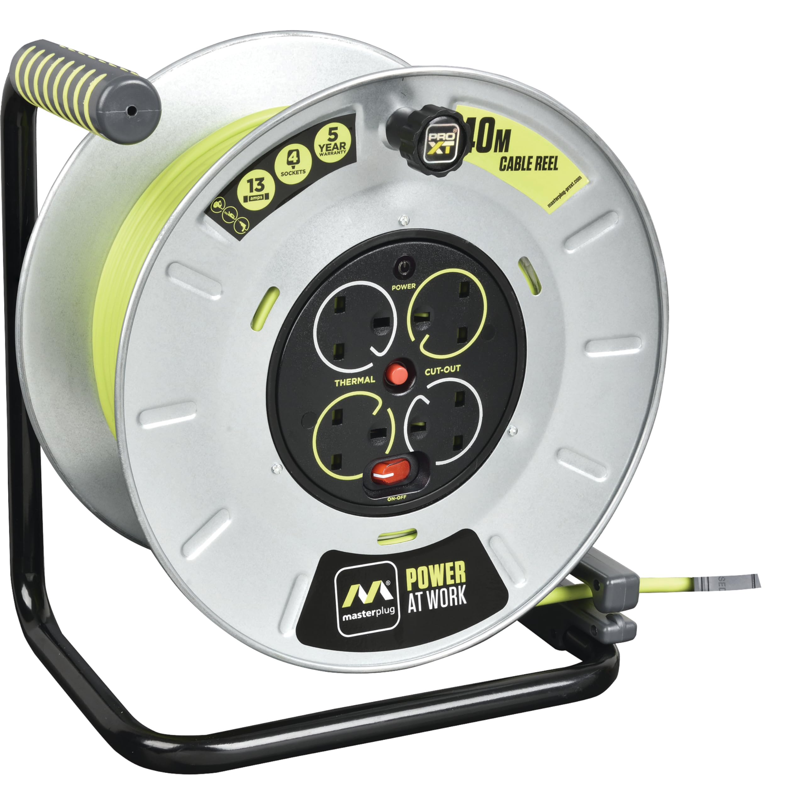 Masterplug Premium 4 Socket Metal Open Cable Reel with 40 Metre High-Vis Cable, Heavy Duty Extension Reel, Thermal Cut-Out & Power Indicator, Large, Pro-XT, Grey/Green, 13A, 4G, 40m, OTLU40134SL