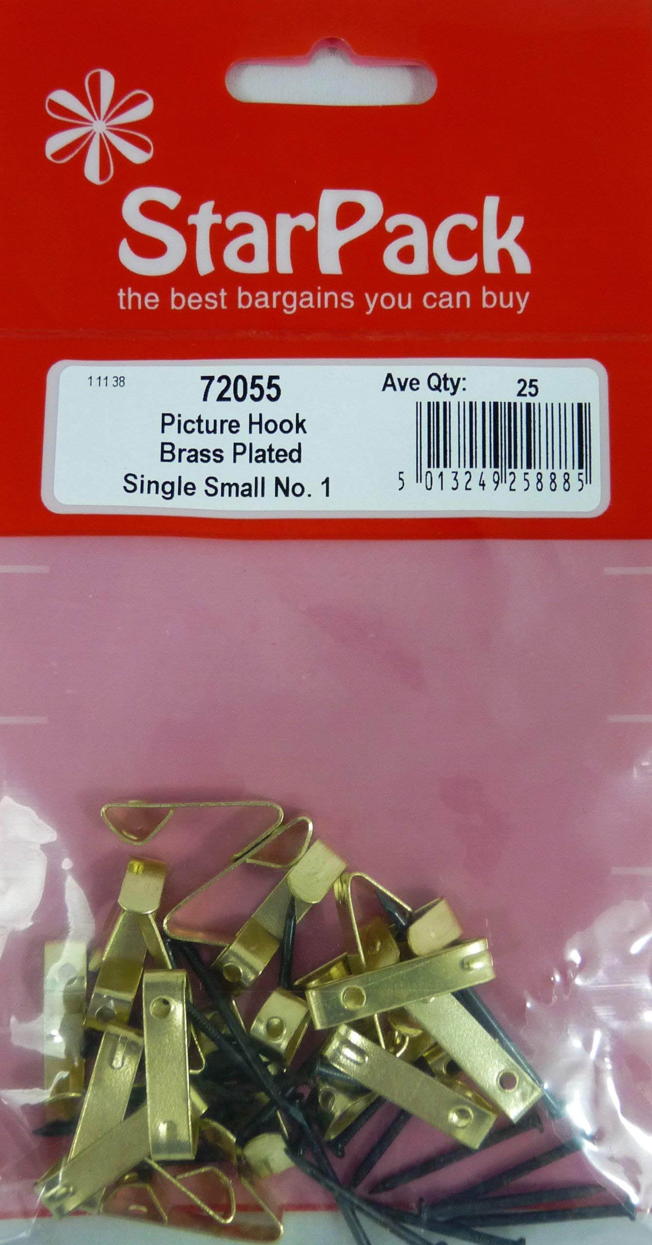 Starpack Set of 25 Brass Plated Single Picture Hooks with Nails, Various