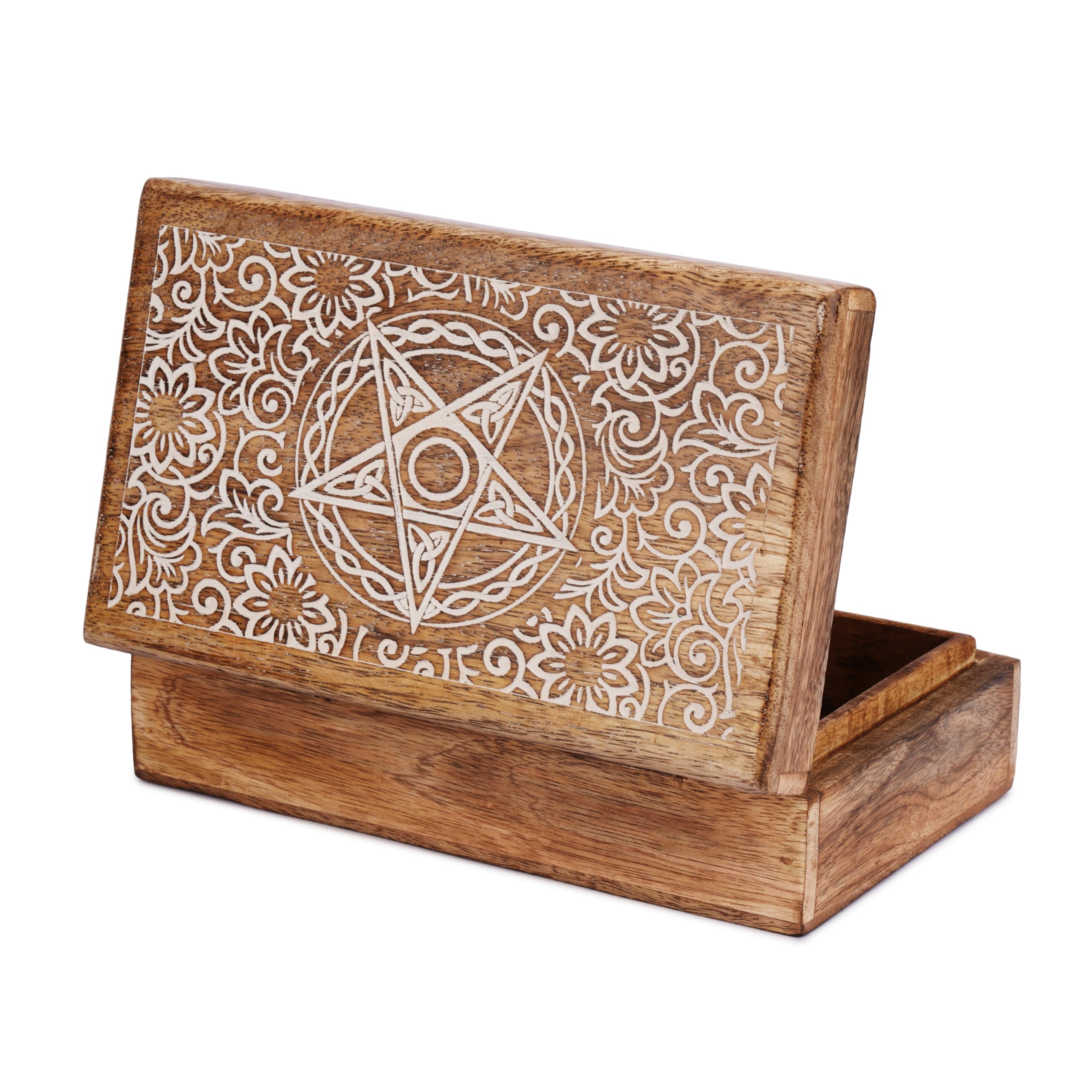 Ajuny Hand-Carved Wooden Jewellery Box 8x5 Inch – Star & Floral Design Decorative Keepsake & Trinket Organiser, Mango Wood Treasure Chest & Watch Box, Handmade Gift for Women & Men