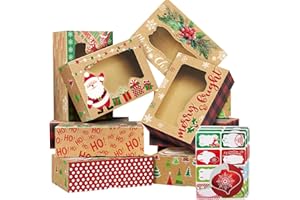 Party Funny 12 Christmas Cookie Boxes -Large Holiday Bakery Food Container for Gift Giving with 80 Count Christmas Foil Gift Stickers