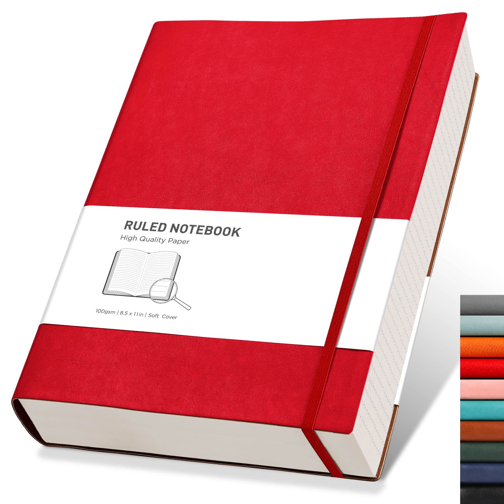 RETTACY A4 Lined Notebook College Ruled/Thick Journal - Extra Large Softcover Composition Notebooks with 2 Free Sticky Notes 320 Pages,Faux Leather, Inner Pocket 21.5 x 27.9cm - Red