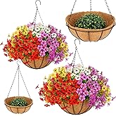 2 Set Artificial Flowers with Hanging Baskets for Outdoors, 2 Hanging Planters with 24 Bundles Eucalyptus Daisy Flowers, Realistic UV Resistant Fake Hanging Plants for Garden Patio Porch Summer Decor