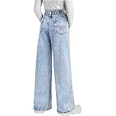 Peakpride Girls Baggy Jeans Wide Leg High Elastic Waisted Bow Embroidered Straight Pant Y2k Cute Tween Skater Streetwear