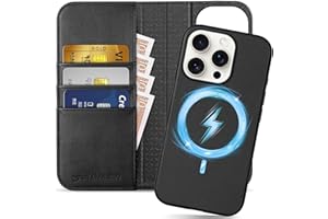 SHIELDON Case for iPhone 16 Pro 6.3", Genuine Leather Detachable Wallet Wireless Charging Kickstand RFID Blocking Card Holder Magnetic Protective Case Compatible with iPhone 16 Pro 5G - Nappa Black