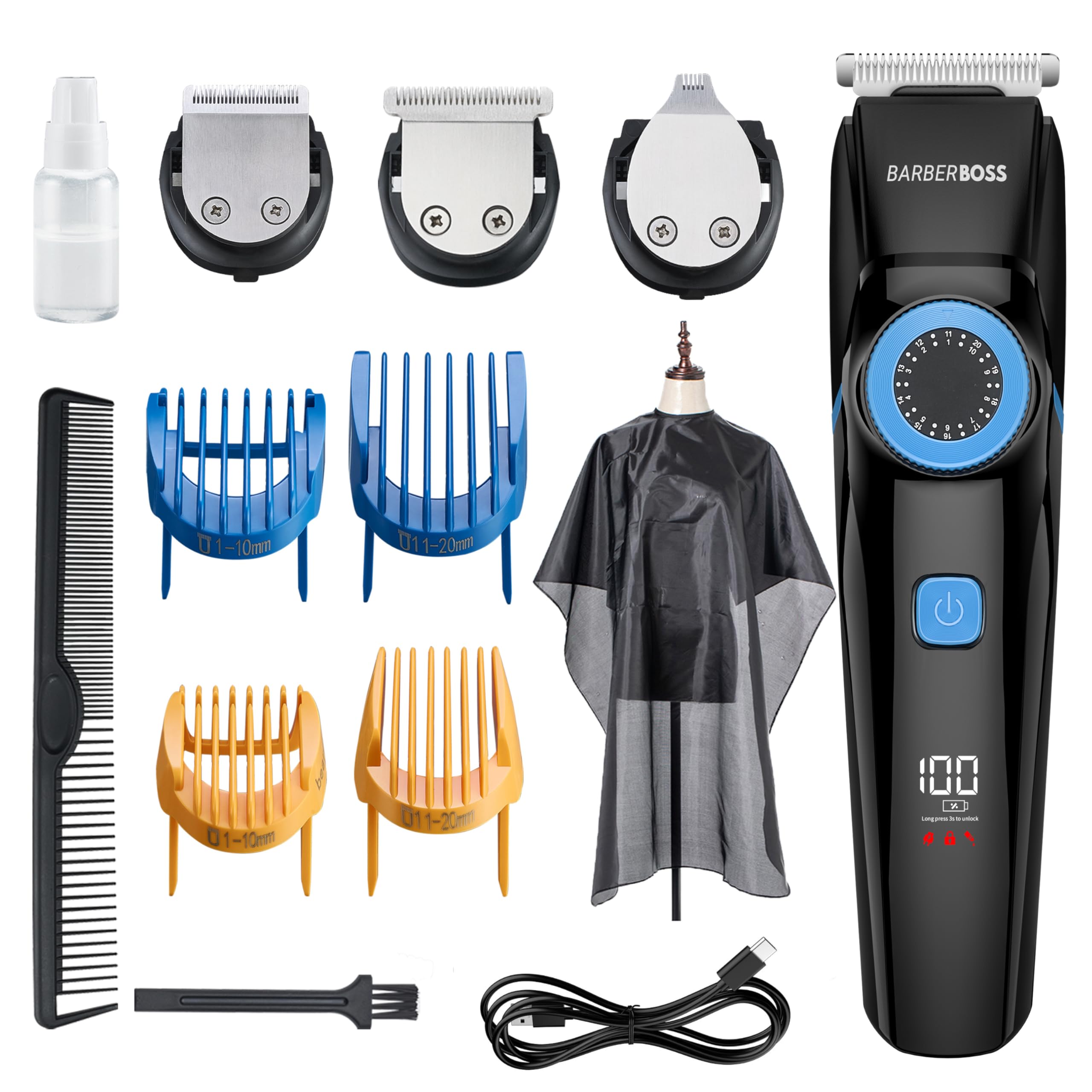 BarberBoss 3 in 1 Hair Clipper’s, Men’s Grooming Kit – Detail, Hair & Beard Trimmer, Precision Dial, 3 Cutting Blades, LED Display, USB Rechargeable, and 100% Waterproof, QR-6087