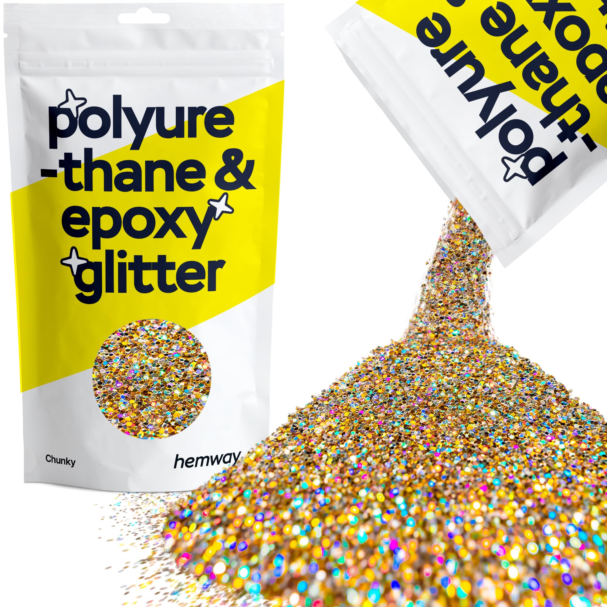 Hemway Resin Glitter Gold Silver Holographic 100g Chunky | Polyurethane & Epoxy Glitter for Resin Crafts, Tumblers, Coasters, Floor & Table Art