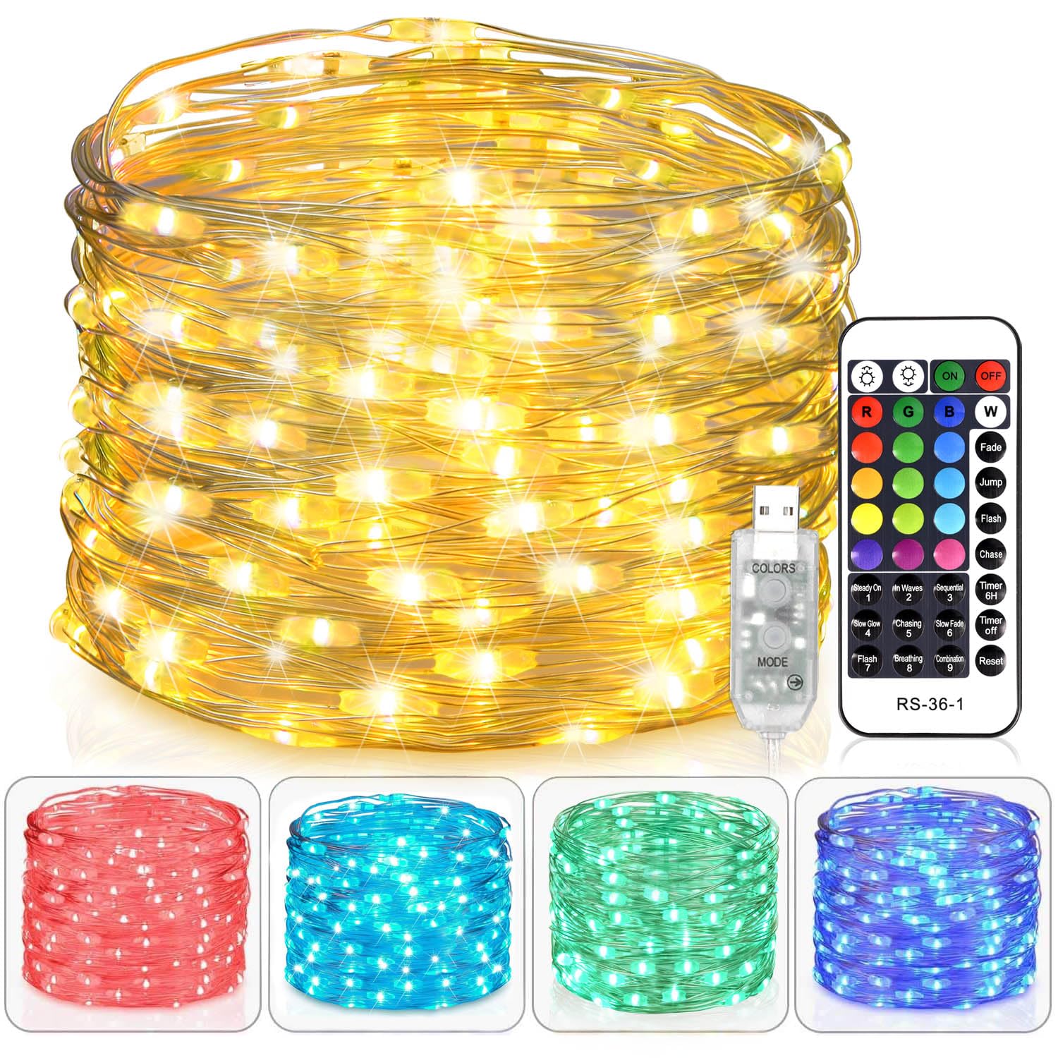 Homestarry Fairy Lights USB Plug in String Lights with Remote 33ft 100LEDs, 16 Color Changing Lights Twinkle Firefly Lights for Bedroom Party Wedding Christmas Tapestry, Multicolor Colors