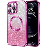 Hython for iPhone 12 Pro Case Clear Magnetic Glitter Phone Cases [Compatible with MagSafe] Full Camera Lens Protector Slim Gradient Sparkle Luxury Plating Shockproof Protective Cover Women, Hot Pink