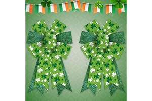 Threetols 2 Pack St. Patrick's Day Wreath Bows, Green Lucky Clover Bows for Wreath Irish Holiday Green Glitter Shamrock Decoration Bows for Indoor Outdoor Holiday St Patricks Party Decor