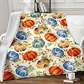Fall Blanket 50"x60" Autumn Orange Teal Blue Pumpkin Maple Leaves Throw Blankets Seasons Soft Warm Cozy Lightweight Harvest Thanksgiving Flannel Throw Blanket for Couch,Bed,Living Room,Dorm,Travel