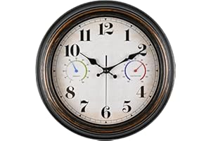 Dyreps Outdoor Clock Thermometer Combo - Retro Silent Wall Clocks, 12Inch Large Indoor Outdoor Clock with Temperature and Humidity, Battery Operated Non Ticking Classic Vintage Clocks Wall Decorative