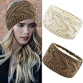 2 Pack Winter Headbands for Women Knitted Headbands Fuzzy Fleece Lined Chunky Cable Knit Ear Warmer Thick Headband Warm Headband for Women Winter Accessories