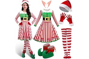 Breathffy 10 Pcs Christmas Elf Costumes for Women Christmas Elf Outfit Dress Shoes Accessories for Adult Holiday Cosplay