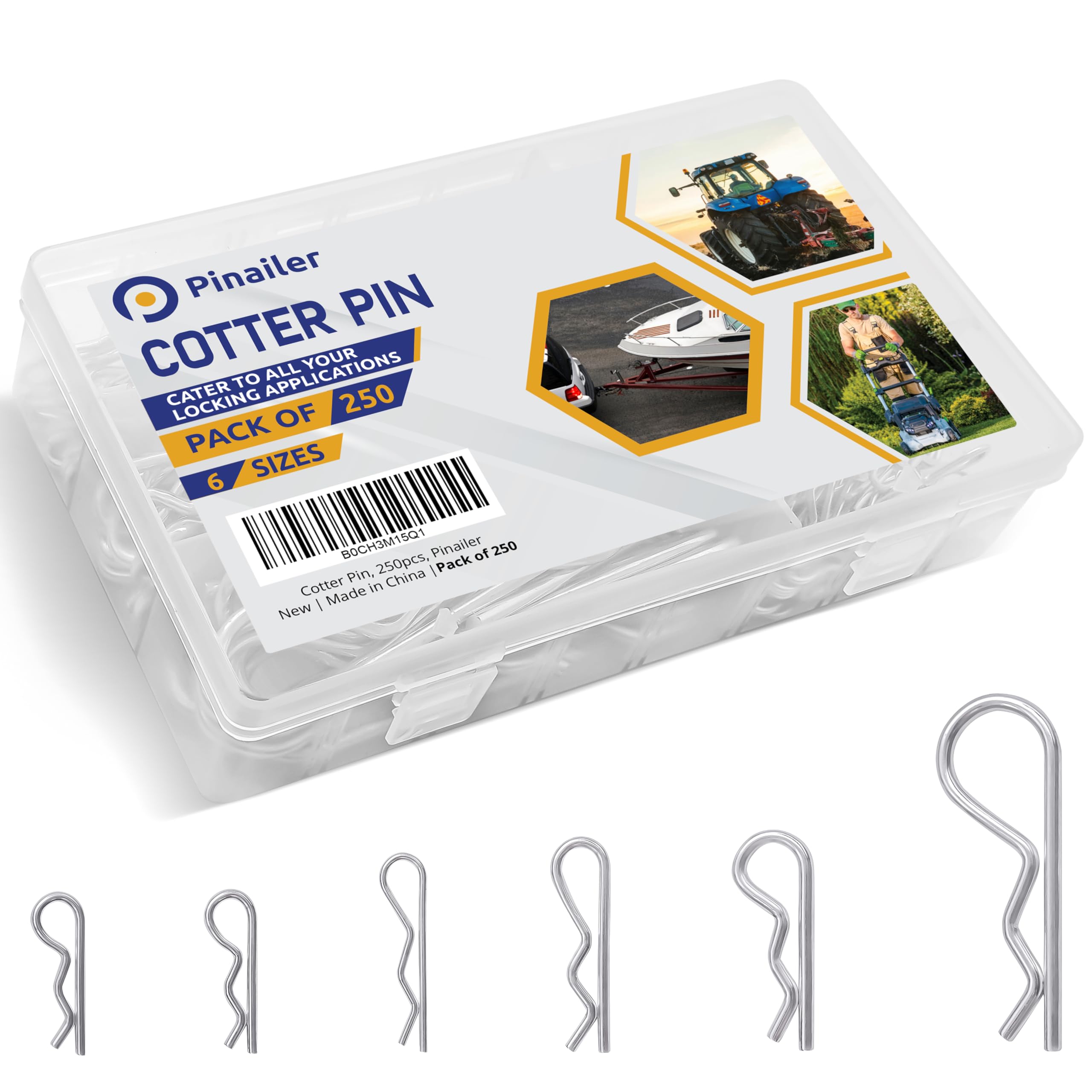 Photo 1 of 250 Pcs Cotter Pin Assortment Kit – Zinc Plated R Clip Stainless Steel Cotter Pins in 6 Different Sizes – Easy Installation & Tool Free Removal – Reusable Fastener for Hitch Pins, Machinery & Vehicle