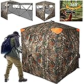 FUNHORUN Hunting Blind 360 Degree See Through Double Door Ground Blind for Hunting, 2/3 Person Pop Up Portable Camouflage Deer/Turkey Tent with Blaze Orange Panels