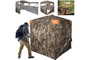FUNHORUN Hunting Blind 360 Degree See Through Double Door Ground Blind for Hunting, 2/3 Person Pop Up Portable Camouflage Deer/Turkey Tent with Blaze Orange Panels