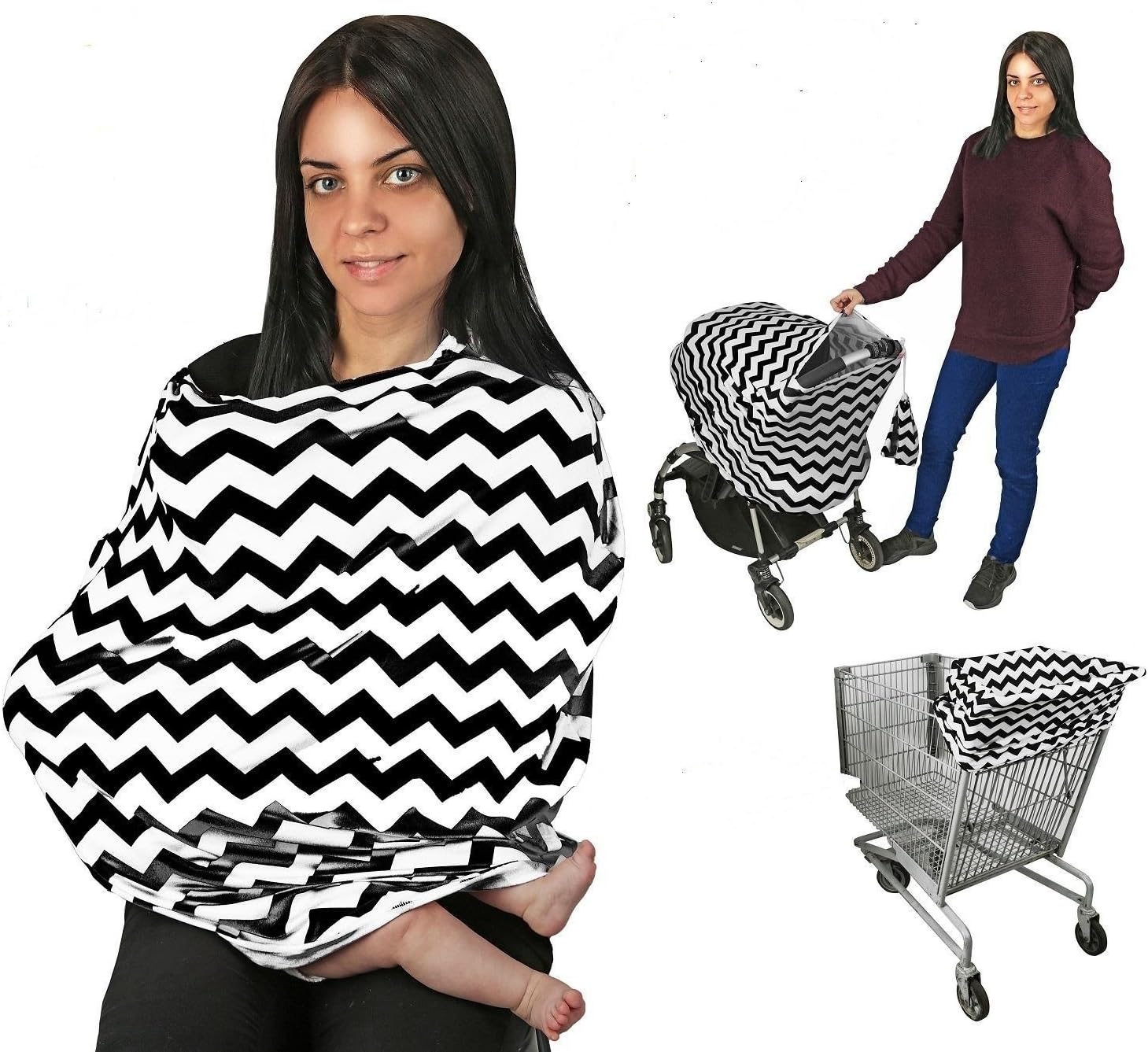 Nursing Breastfeeding Scarf Protection, Face Shield, Car Seat Cover, Stroller Canopy, Shopping Cart, Hi-Chair. Soft Fabric (Black Chevron)