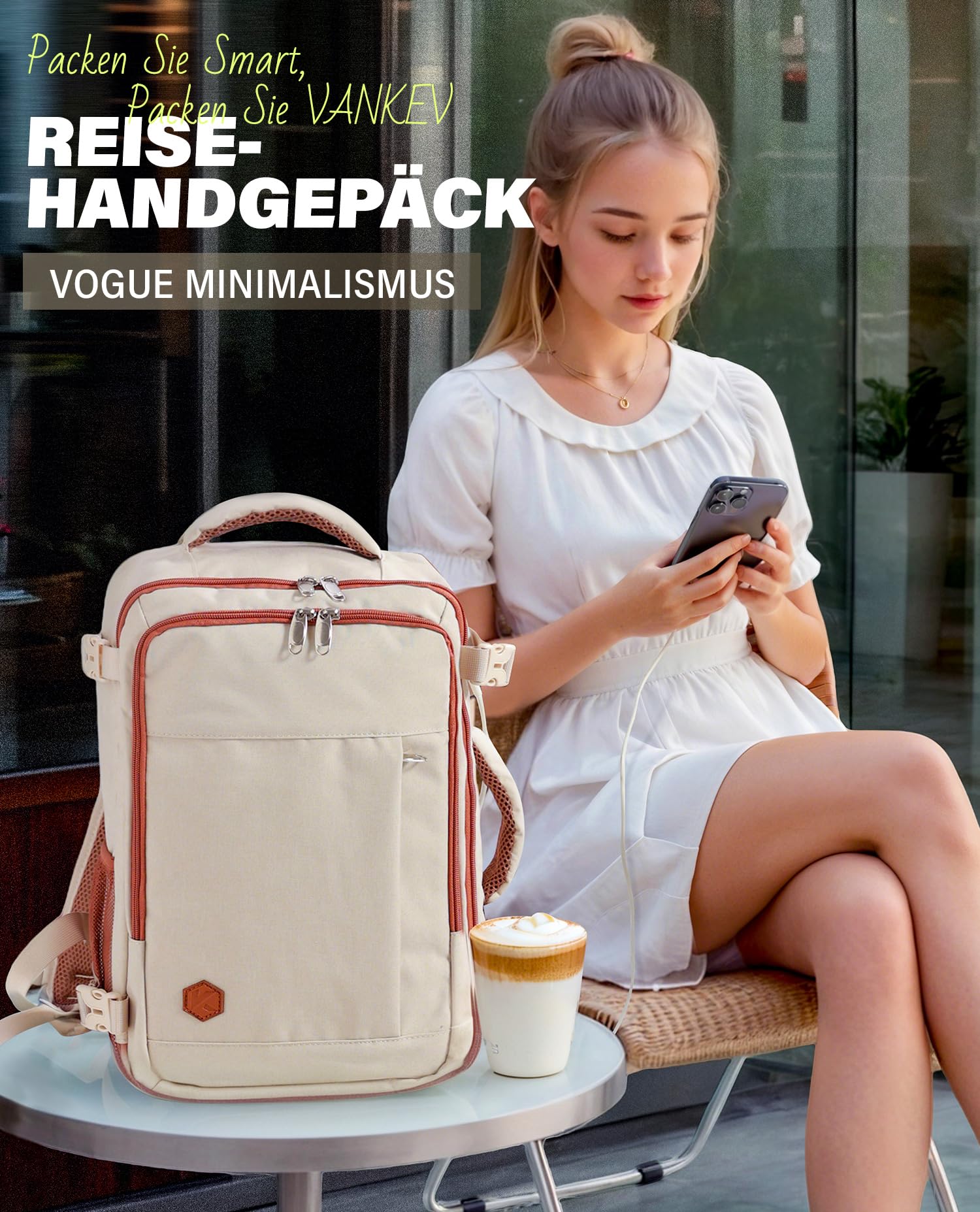 VANKEV für Easyjet Handgepäck 45x36x20 Laptop Rucksack Reiserucksack Handgepäck Tasche Rucksack 15.6 Zoll Laptop Backpack für Herren Damen Beige 2