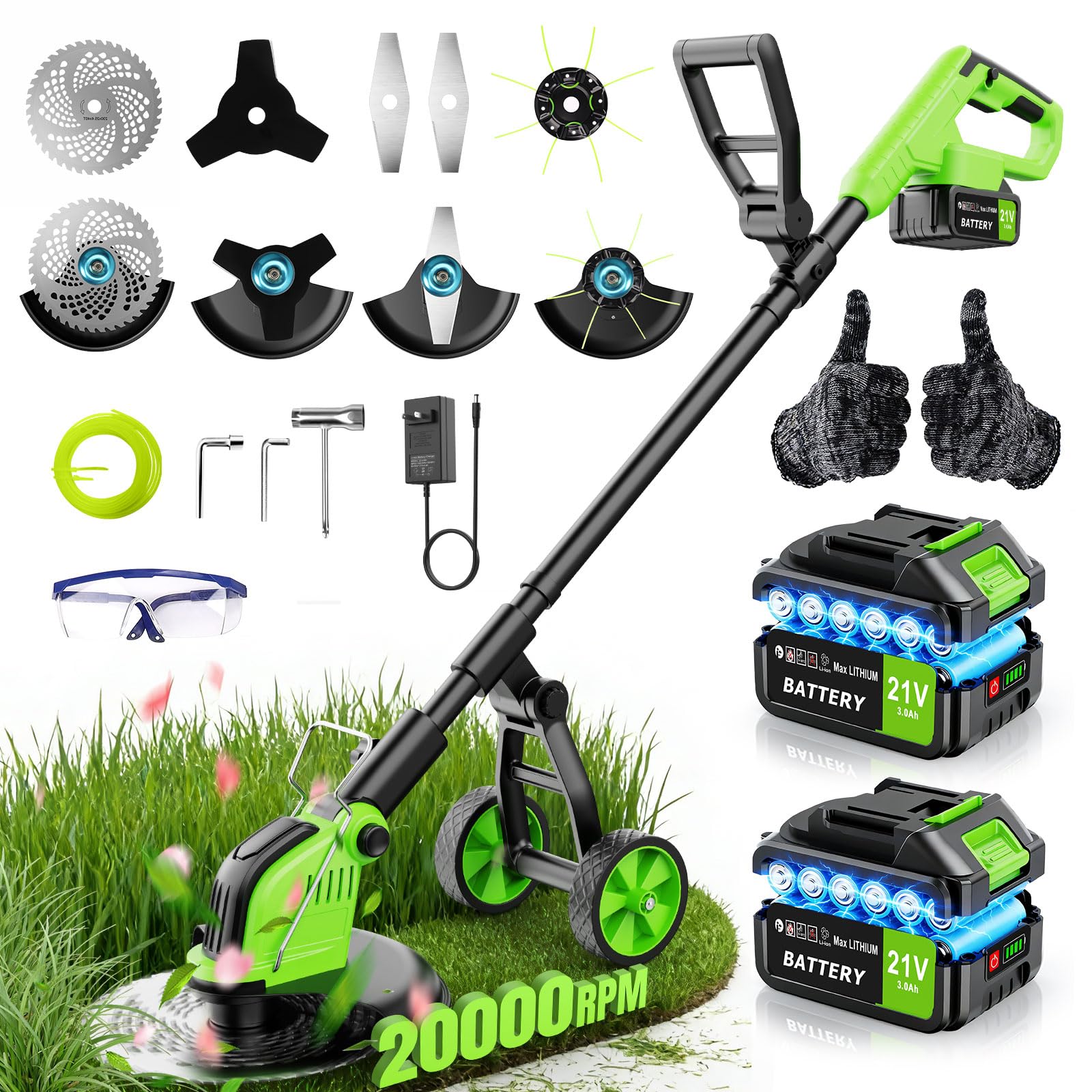 Photo 1 of 20,000RPM Cordless Electric Weed Wacker, 800W Brushless Weed Eater with Wheels, 12" 4-in-1 String Trimmer Lawn Edger Mini Lawn Mower Brush Cutter, Foldable, 21V, 2×4.0Ah Batteries Power Display