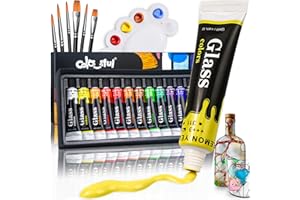 Colorful Acrylic Glass Paint Set with 6 Brushes, 1 Palette, 12 Colors Stain Glass Paints for Wine, Waterproof Acrylic Enamel Paint Kit to Create Translucent Arts on Porcelain, Window & Ceramic