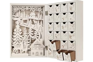 Wooden Advent Calendar Book with 24 Drawers Christmas Reusable Countdown to Christmas Decoration PIONEER-EFFORT (White with Forest)