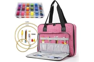 ATTERET Full Range Embroidery and Cross Stitch Starter Kit with Premium Storage Organizer Bag, Includes 99 DMC Coded Cotton Threads, 9 Metallic Floss, 3 Hoops, Needles, Scissors + More (Pink)