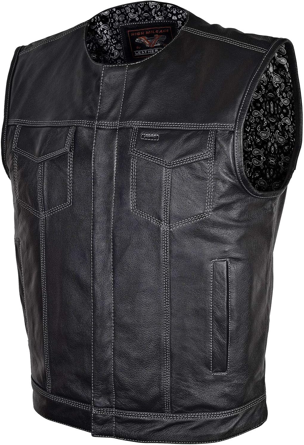 High Mileage Men's Zipper and Snap Closure Leather Club Vest with Black Paisley Lining