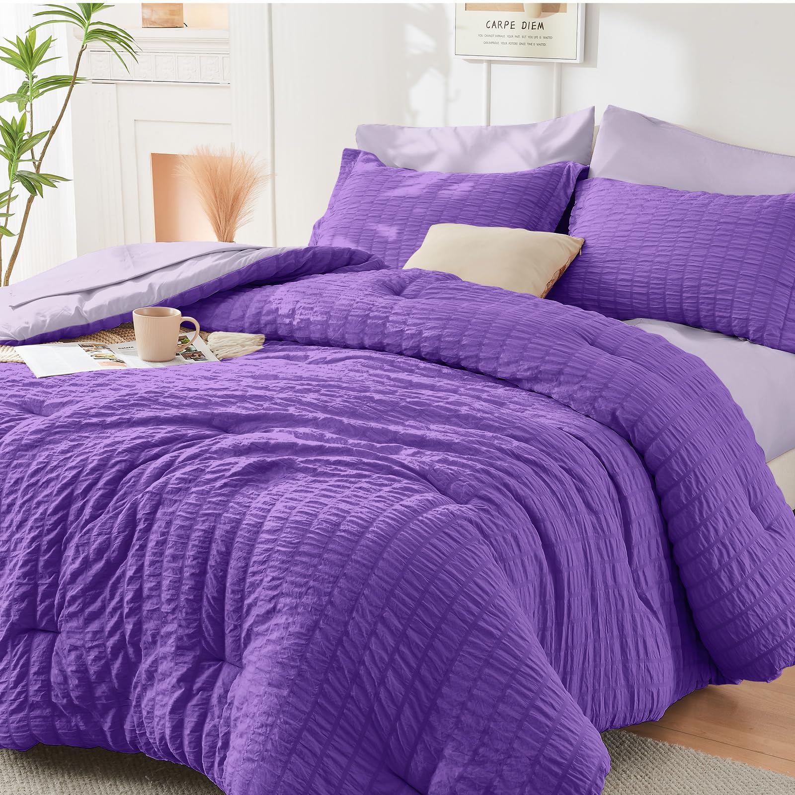 HYMOKEGE Dark Purple/Lavender Queen Comforter Set Seersucker 7 Pieces, All Season Luxury Bed in a Bag Queen for Bedroom, Bedding Set with Comforter, Sheets, Pillowcases & Shams Image
